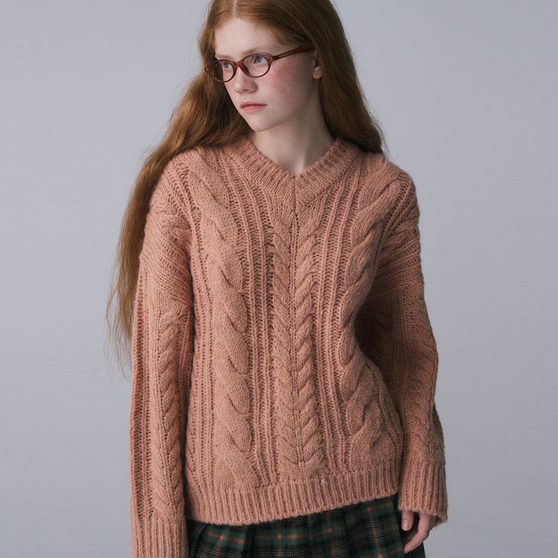 FUN FROM FUN(ファンフロムファン)の「V-NECK CABLE KNIT PULLOVER, APRICOT(Tops)」