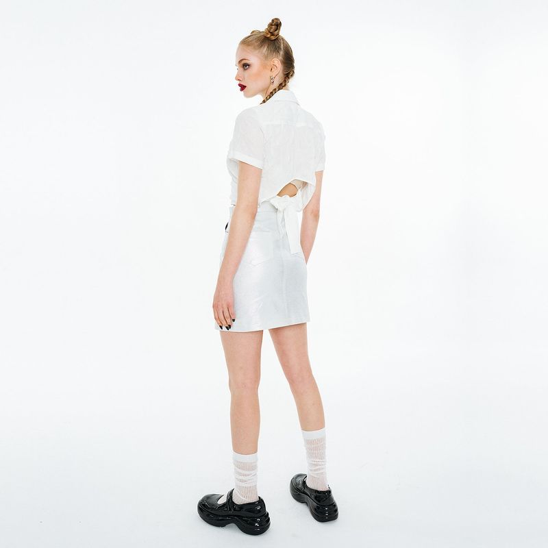 Back Open Ribbon Strap Shirt [White]