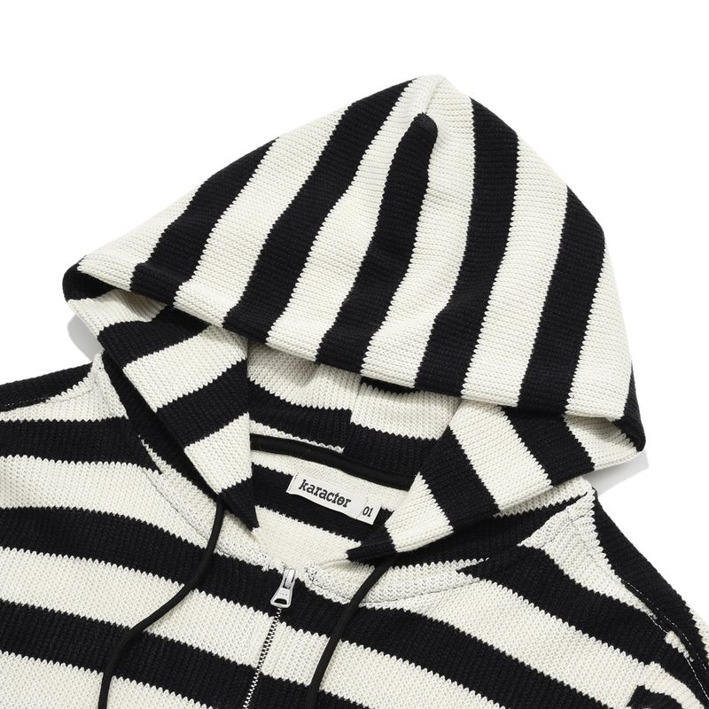 Striped knit hooded zip up / Ivory black