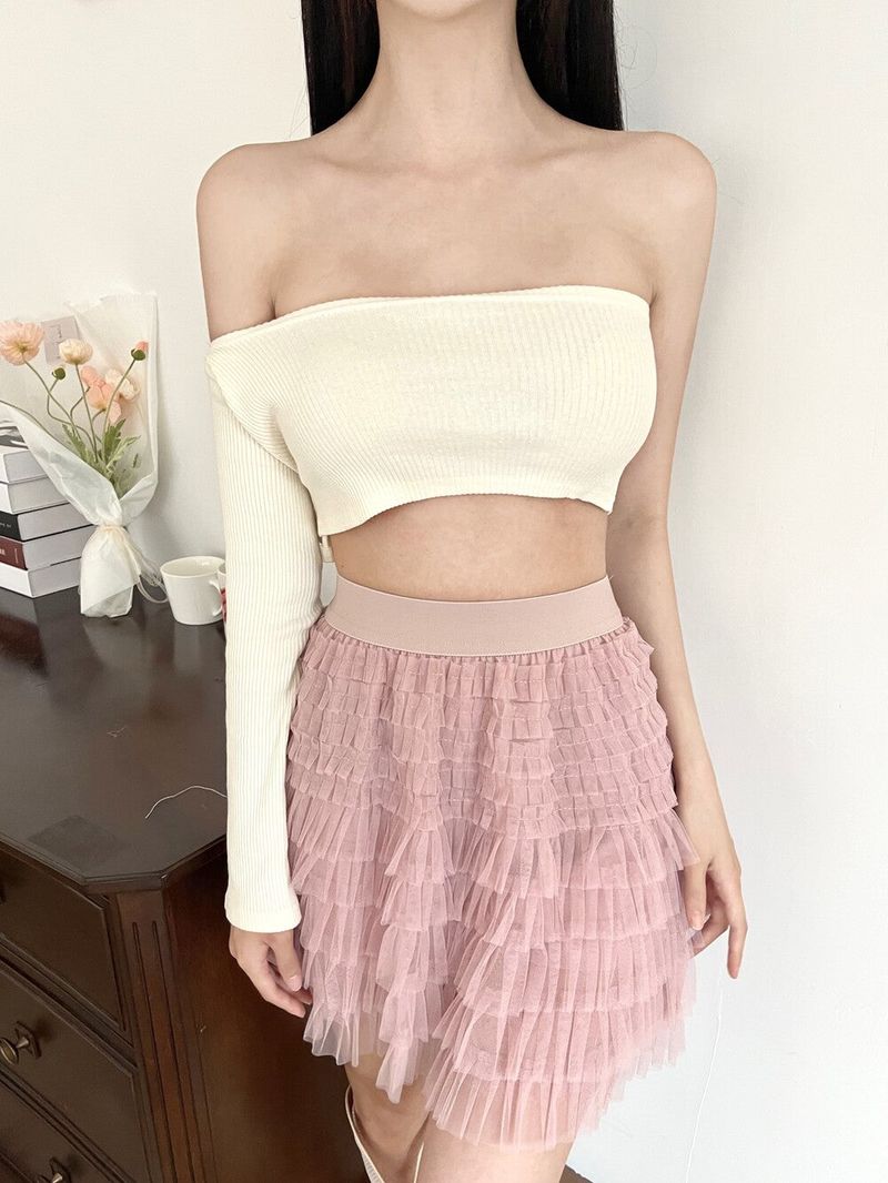 1008. One sleeve off crop T (2color)
