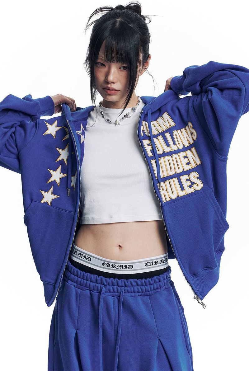 Star Lettering Patch Hoodie Zip-Up - Blue