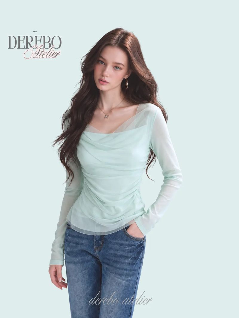 dereborujo（ドレボルゾー）の「Mint chiffon mesh shirring long-sleeve tee（Tops）」