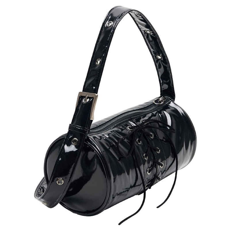 Don't Ask My Plan (DAMP)(ドントアスクマイプラン)の「2WAY BELTED STRAP BARREL BAG SMALL_GLOSSY BLACK(Bags)」