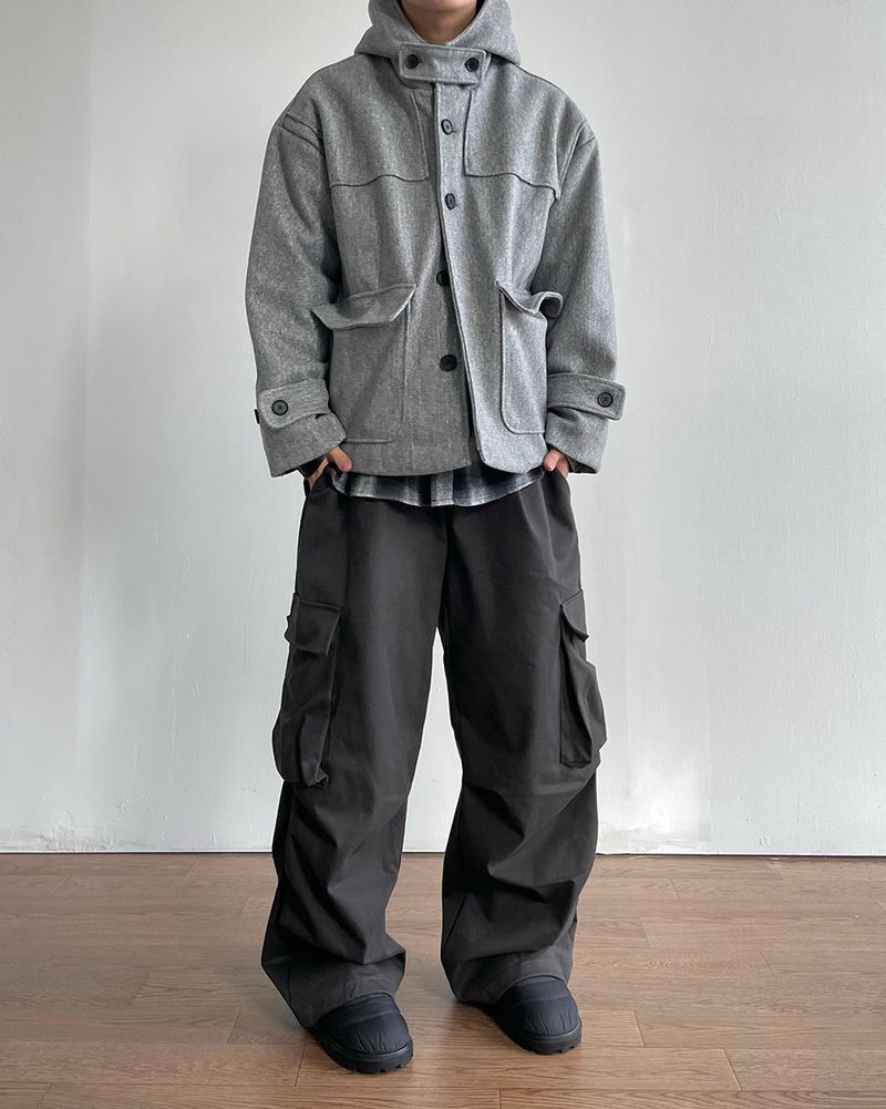 Carbon Wool Hooded Half Coat