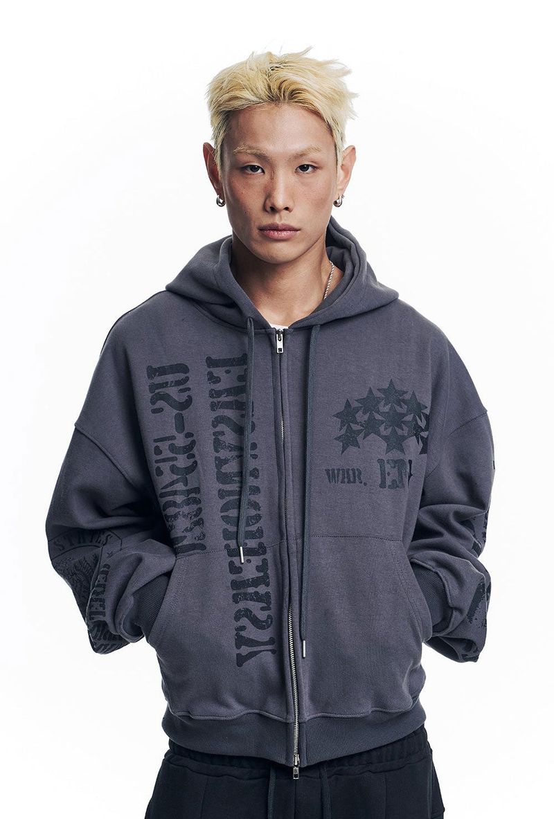 Marine Crack Print Hooded Zip-Up - Charcoal