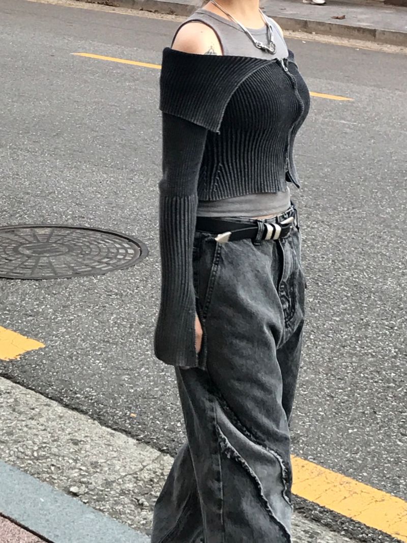 Unique cutting line grunge wide denim pants