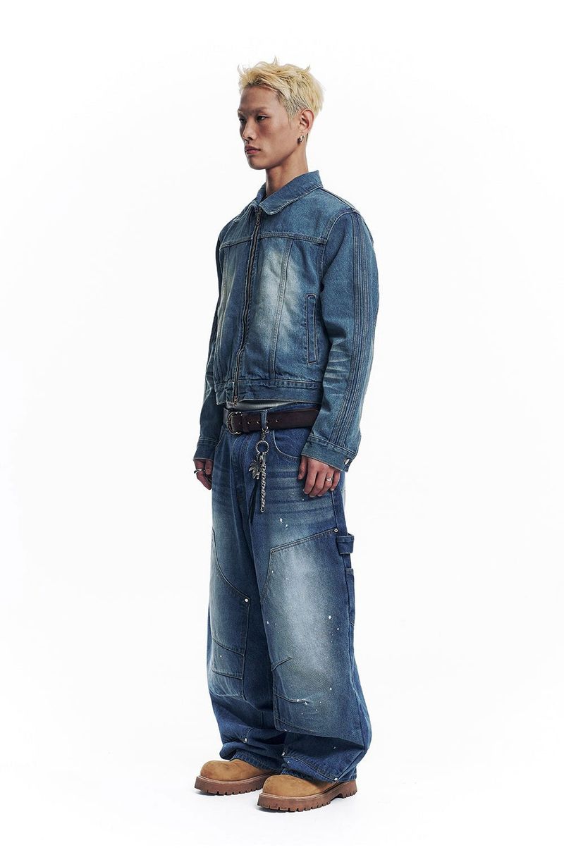 Washed Crop Track Denim Jacket - Deep Blue