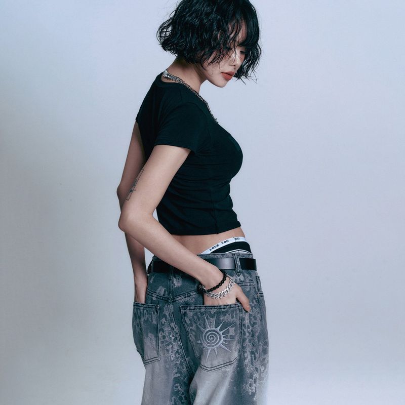 Sun Patch Leopard Balloon Denim Pants - BLACK