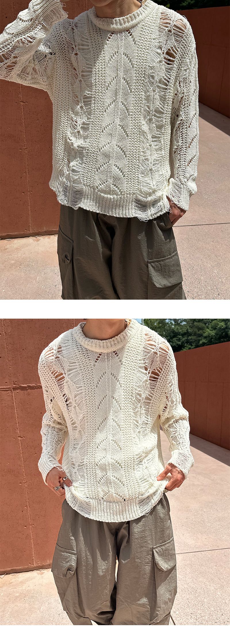 [PREMIUM] Grunge damage round neck knit (3color)