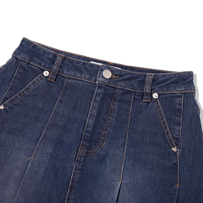 CHERRY DENIM PLEATS MINI SKIRT [BLUE]