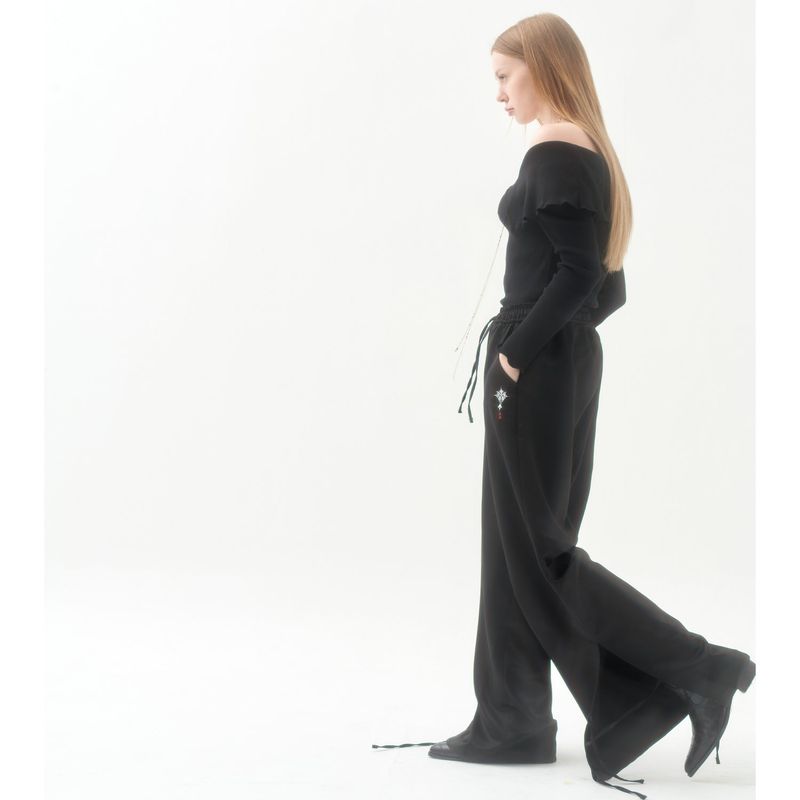211-RIBBON SLIT SATIN PANTS