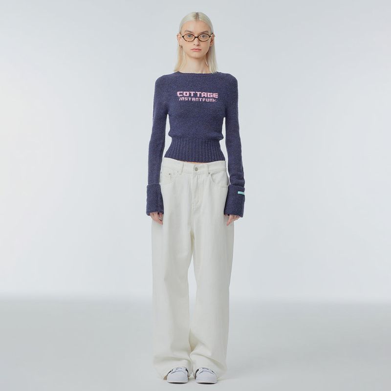 Cropped needlework wool-blend sweater