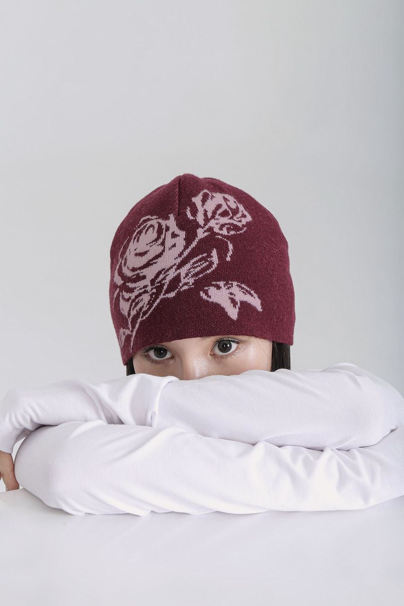 ROSE JACQUARD BEANIE #WINE
