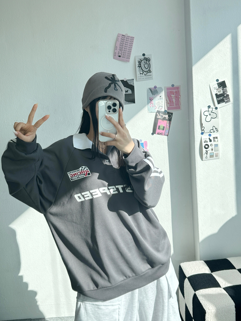RAGLAN THREE-STRIPE COLLAR SWEATSHIRT🖤🩶🤍 - 3 COLORS