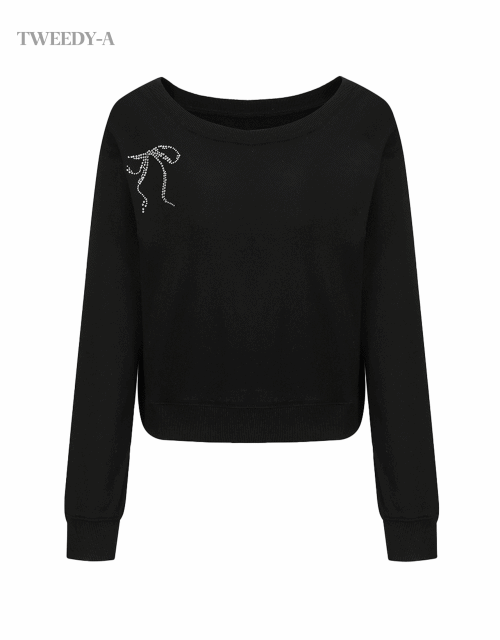 TWEEDY-A（ツウィーディア）の「Stella Ribbon Hotfix Cropped Off-Shoulder Sweatshirt 3 Colors（Tops）」