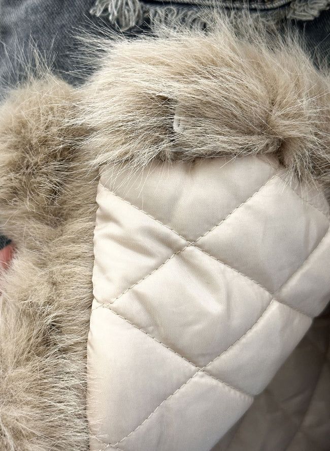Fur trimmed quilted denim jacket