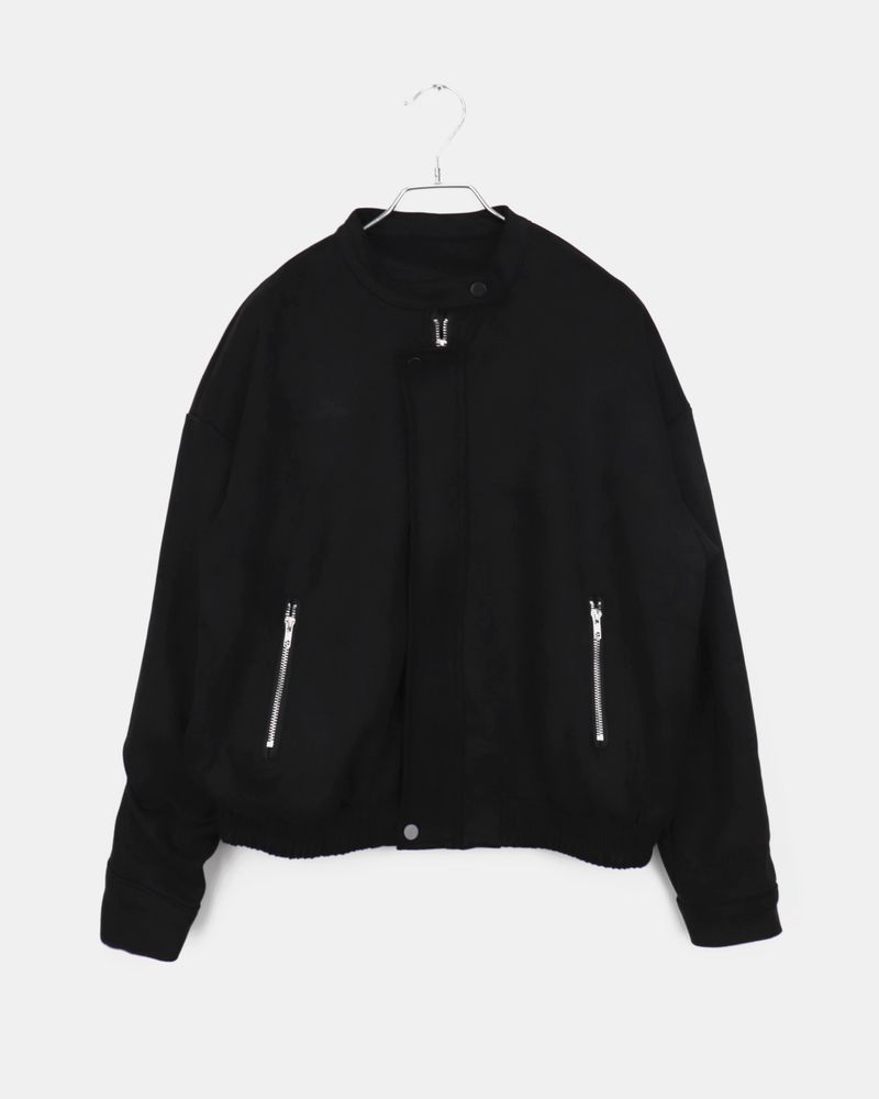 Shait Suede No Collar Snap Button Zipper Pocket Blouson Jacket
