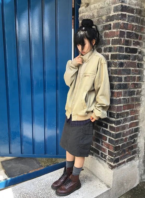 [unisex] Leare Two-Button Washing High-Neck Zip-Up Jacket