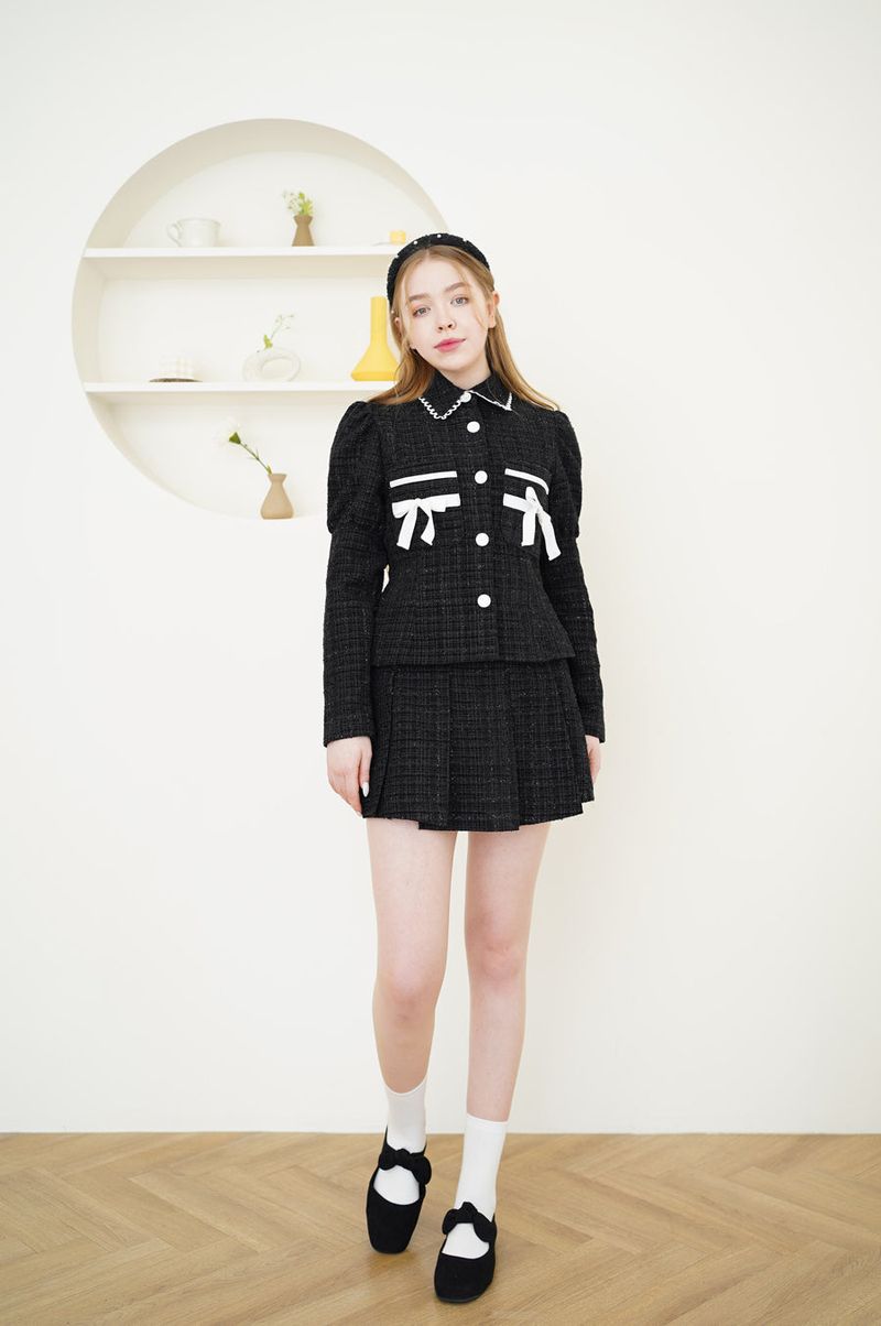 set tweed romantic jacket skirt black