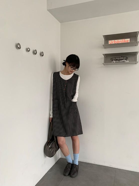 ガンスリン チェック スリーブレス ボタン ワンピース