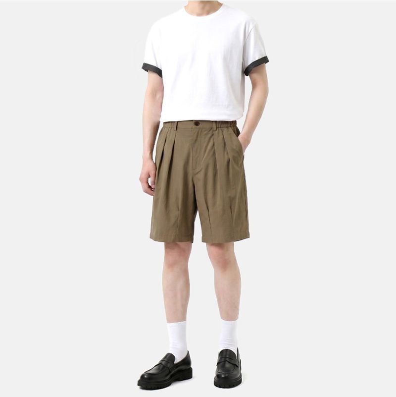 Nylon Stretch Double-Pleat Shorts Beige