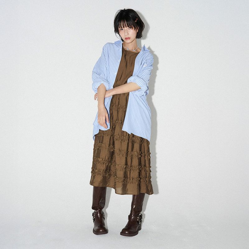 FRILL LONG ONE-PIECE  (Brown)