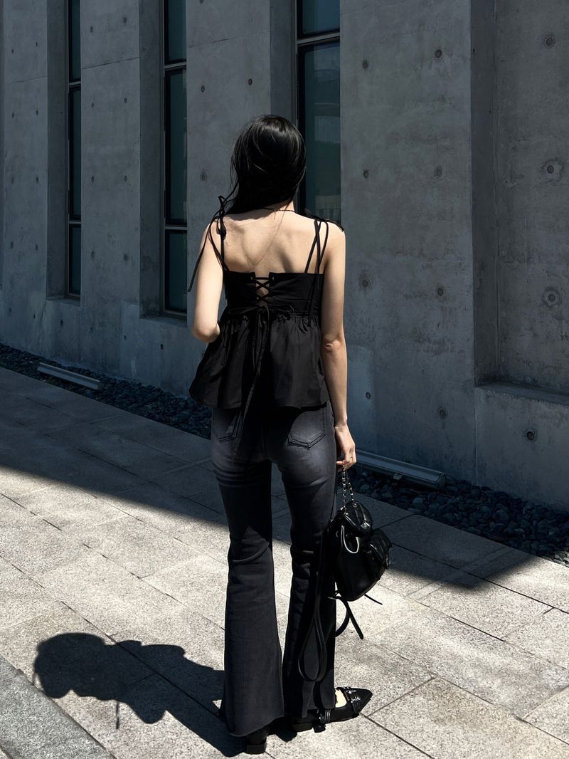 Gradient Washed High Waist Span Long Bootcut Denim Pants (Black)