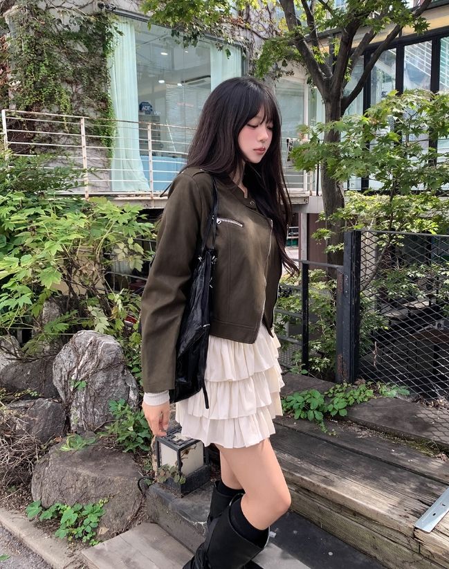 Dock Unbalance Zipper Crop Leather Jacket