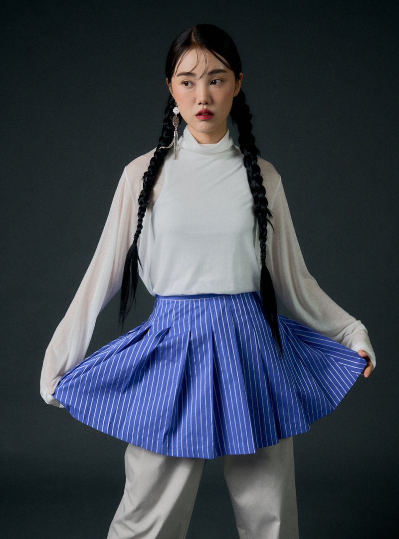 Stripe pleats skirt (blue)