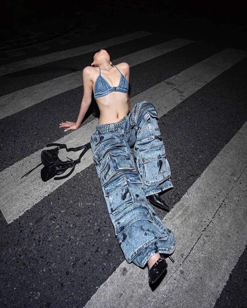 WASH-DENIM CARGO PANTS MULTI POCKET (Blue)