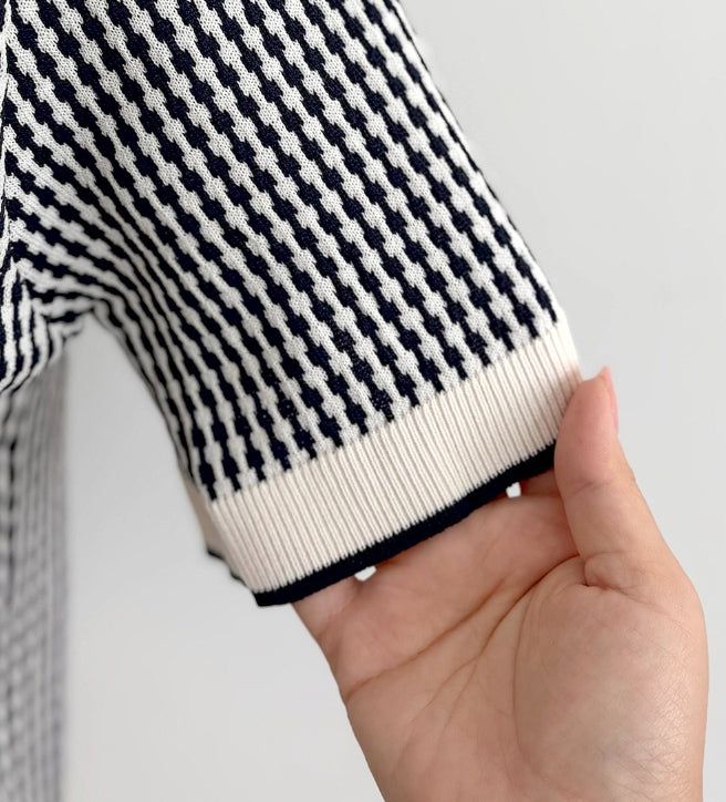 Carson Collar Color Matching Check Knit Cardigan