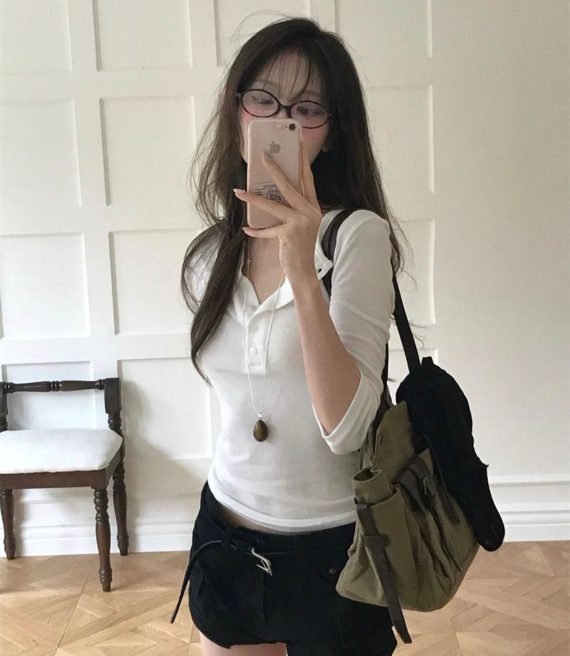 [glam] noid 3/4 sleeve button tee