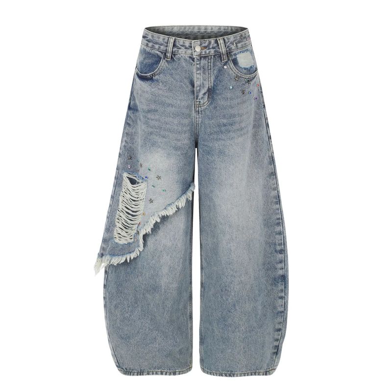 Star Stud Distressed Wide Denim Pants