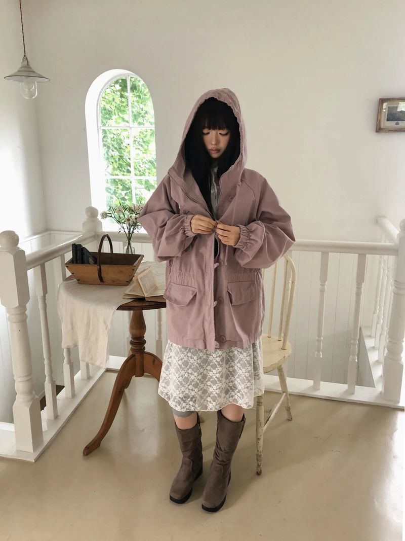 Ike Button High Neck Hooded Field Jacket