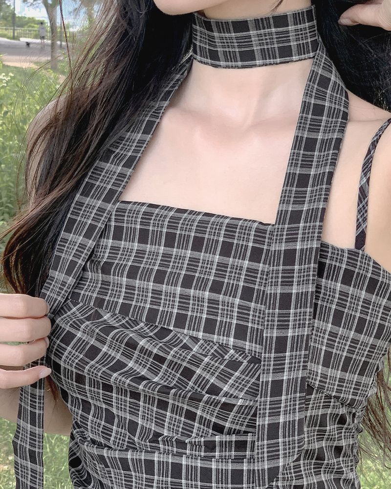 Miflang check blouse & tie set