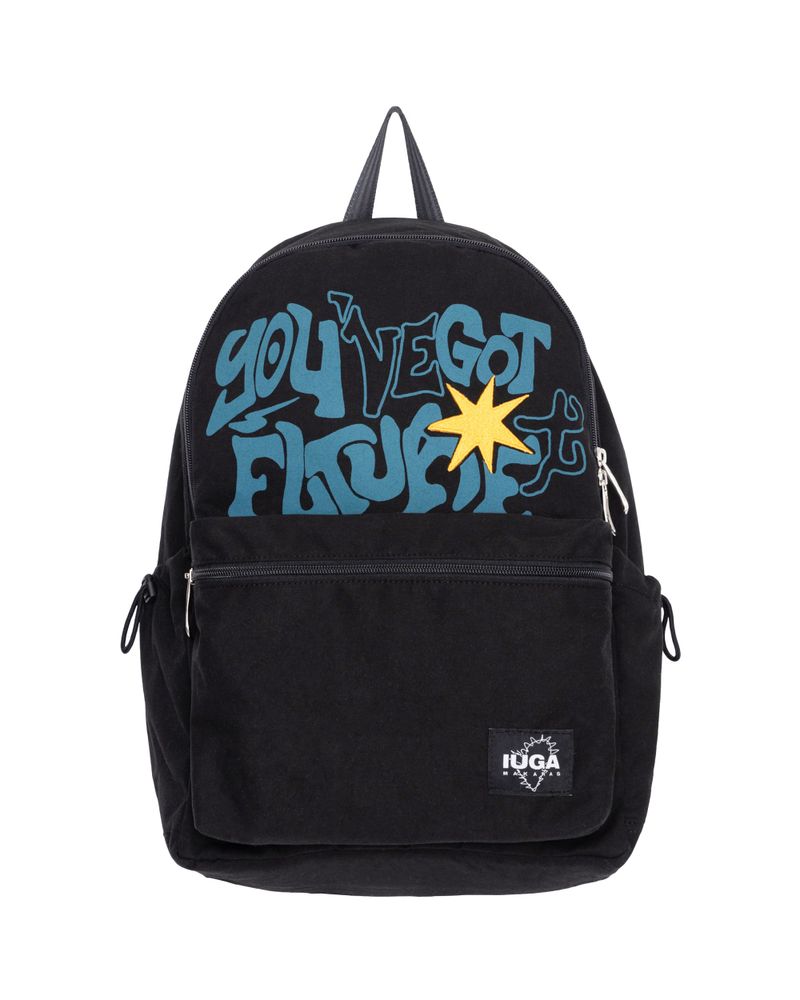 IUGAMAKARAS（イウガマカラス）の「Printed Twill Pocket Backpack (Black)（Bags）」