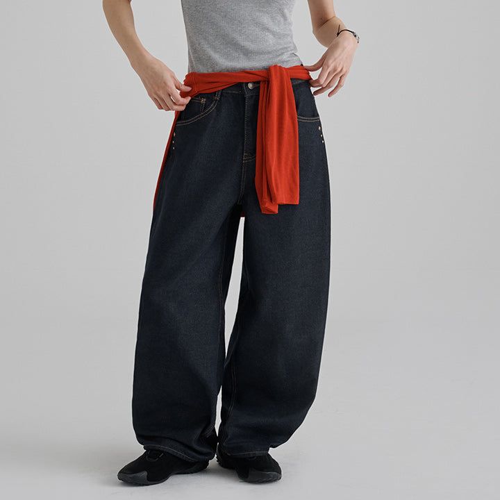 [Greden] Stud Pocket Curved Raw Denim Pants