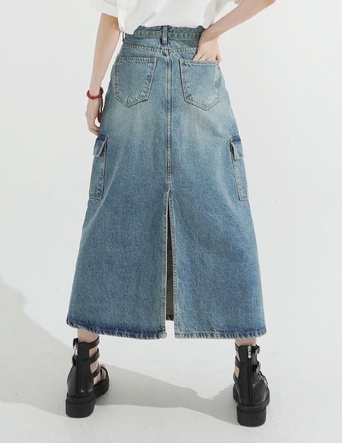 Back Slit Cargo Denim Long Skirt