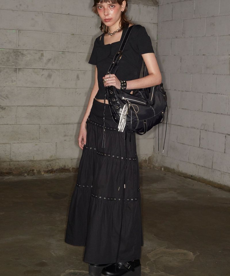 Tiered Eyelet Maxi Skirt (BLACK)