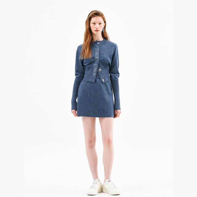 WOOL FITTED CROP CARDIGAN - DARK BLUE