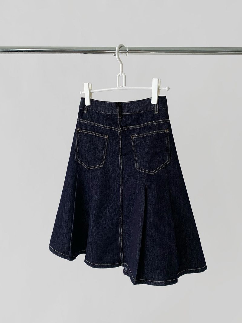 Dark blue raw cotton flared pleats midi skirt