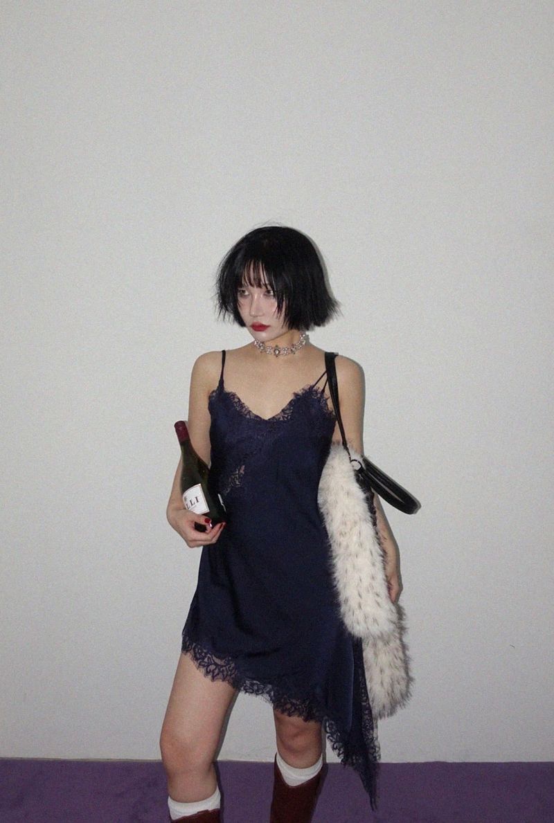 LACE SATIN UNBALANCE SLIP MINI DRESS (NAVY)
