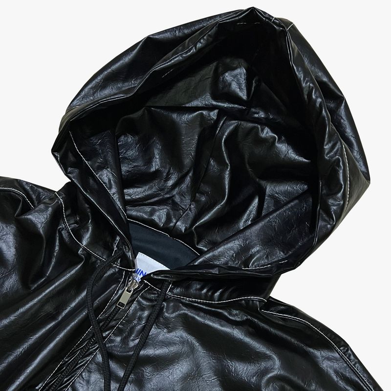 glossy faux leather hood zip-up hoodie_black