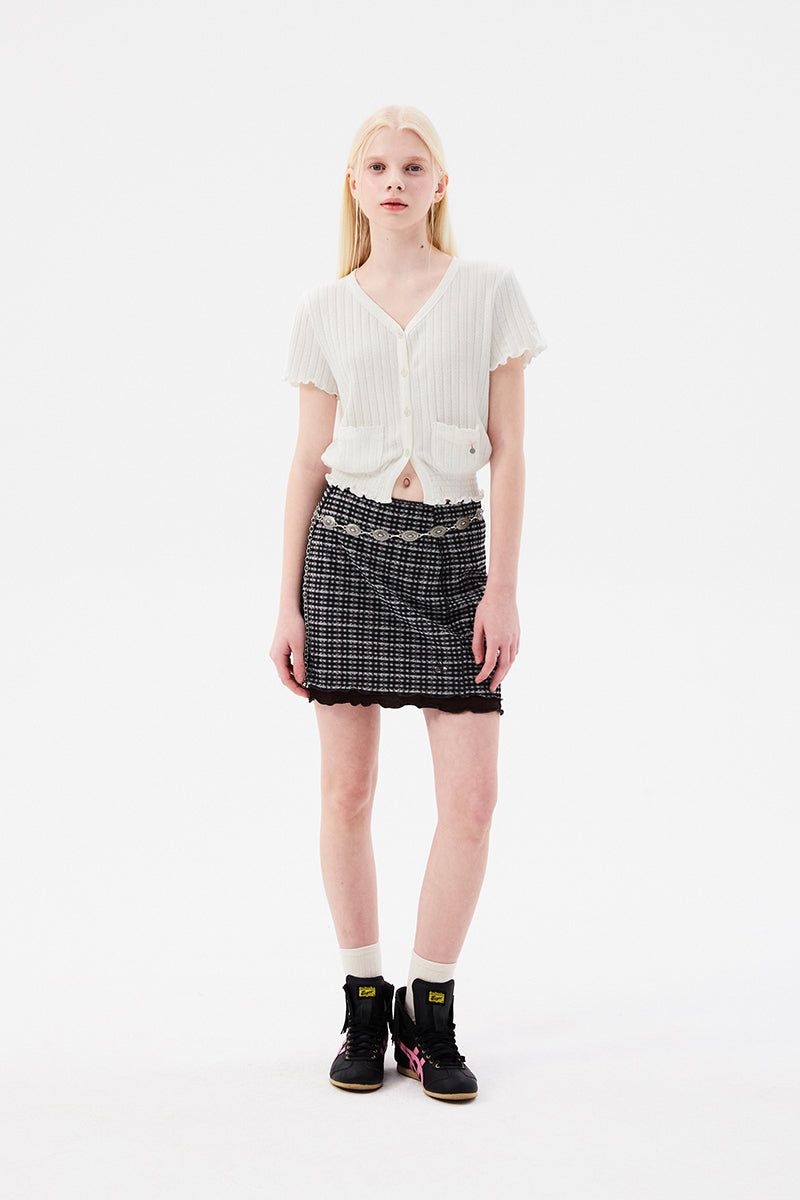 CHERRY PATTERN MESH MINI SKIRT [BROWN]