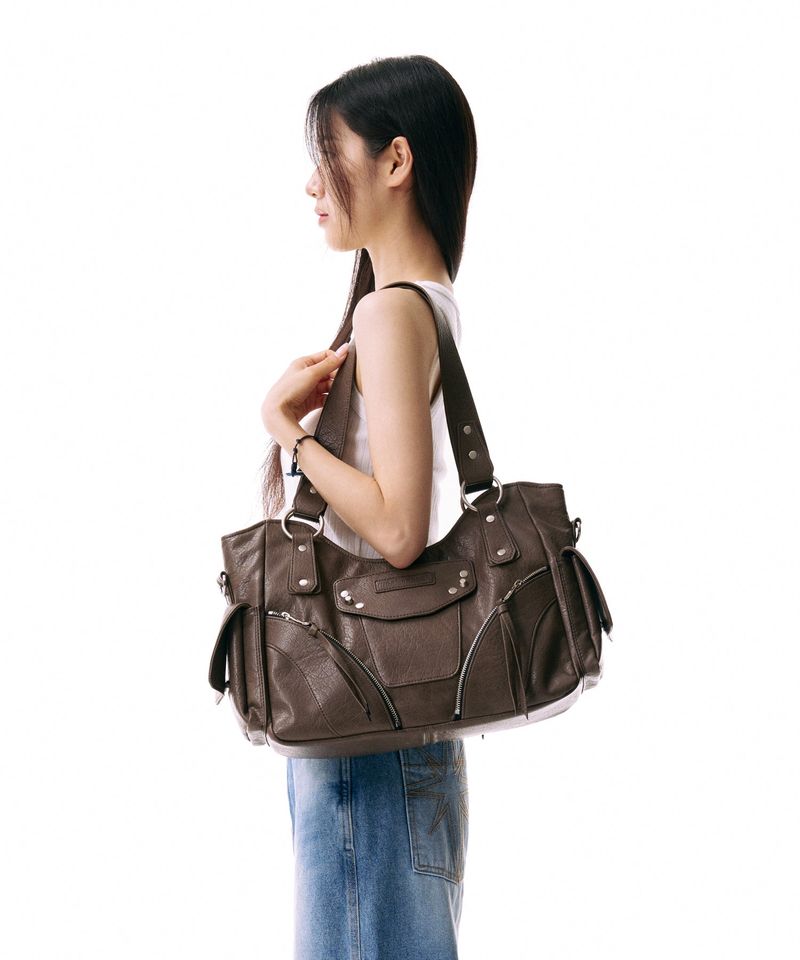 Studded Leather Shoulder Bag (Brown)