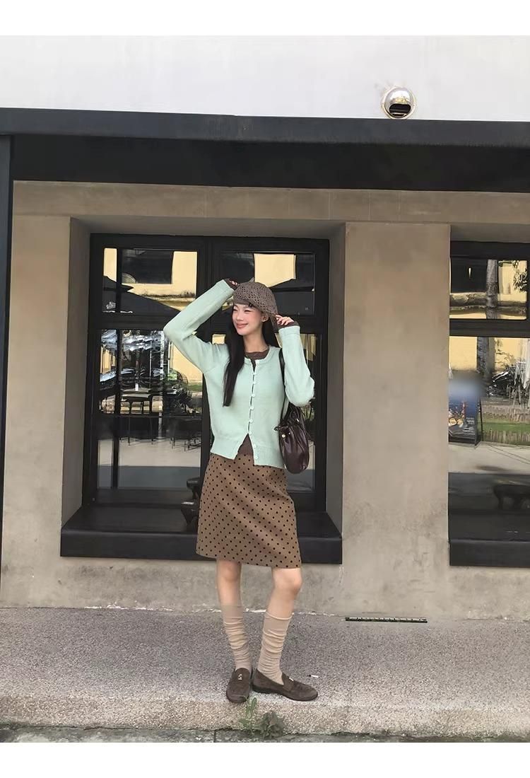 camel brown wool dot midi skirt