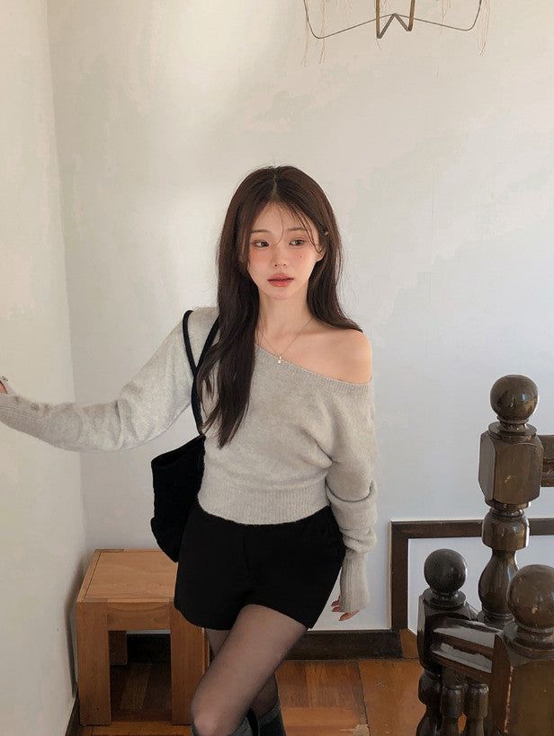 Wool Sleeve Button One Shoulder Knit (4color)