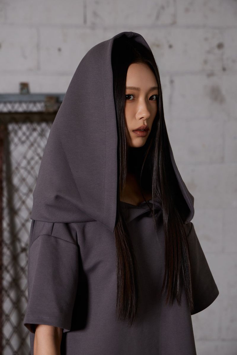2Way Big Hood Off-Shoulder Mini Dress - Charcoal