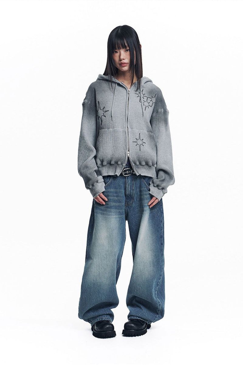 Washed Star Waffle Hooded Zip-Up - Grey