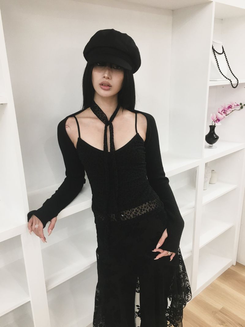 [Sepia] Leopard mesh sleeveless (scarf set) (Black/Blue)